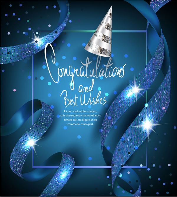 Elegant blue card with blue ribbons and party hat vector  