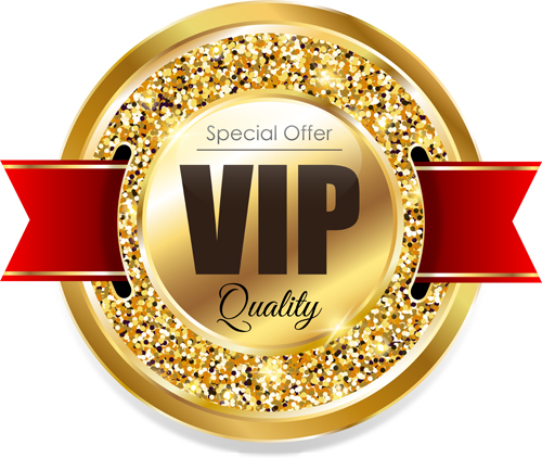 Golden VIP label with red ribbon vector  
