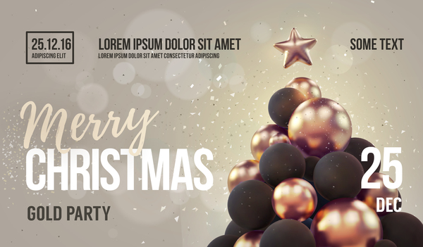 Gray xmas party flyer template with balloon christmas tree vector 02  