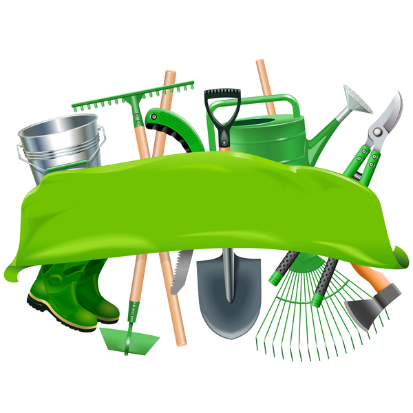 Green Banner with Garden Tools vector  