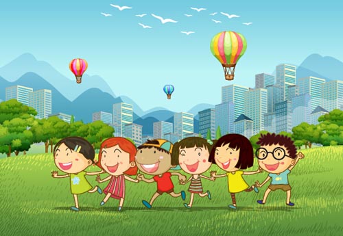 Happy children with nature background vector 02  