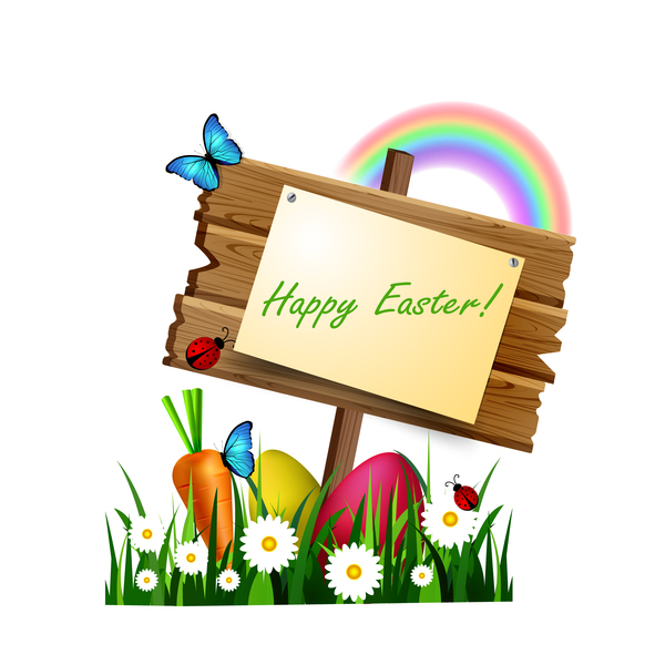 Joyeux panneau de bois de Pâques avec fleur de printemps et vecteur arc-en-ciel  