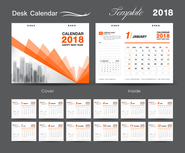 2018年のベクトルテンプレート07のためのオレンジカバーデスクカレンダー  