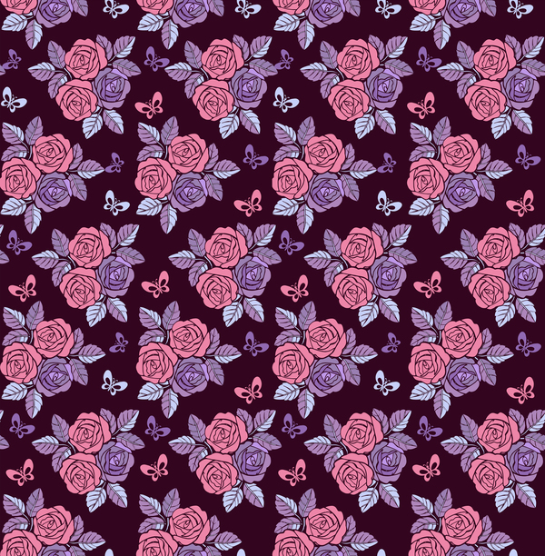 Nahtloses Muster der Weinlese mit Rosen auf purpurrotem Hintergrundvektor  