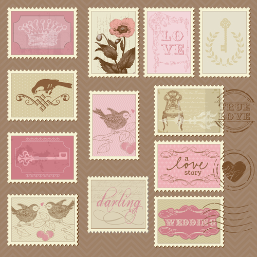 Wedding with love postage stamps vintage vector 04  