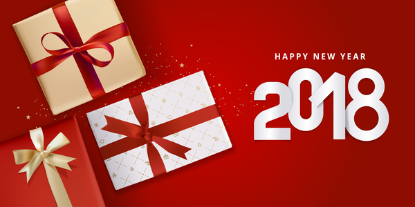 2018 new year gift box with red background vector 01  