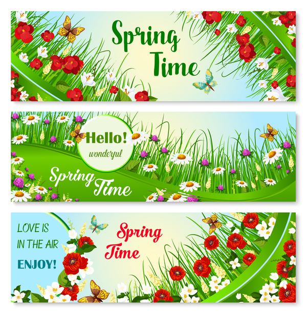 3 種類の春花バナー ベクトル  