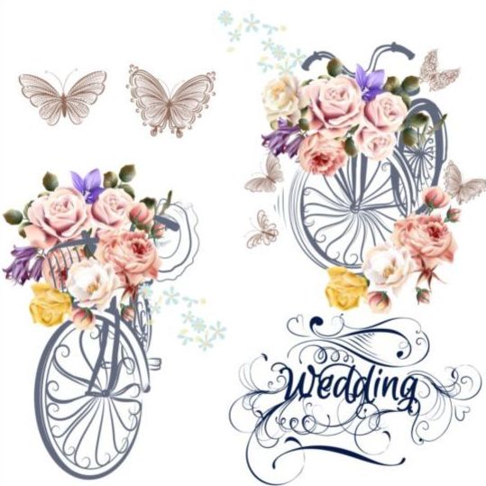 الدراجات الجميلة مع الورود واقعيه بطاقة الزفاف متجه 01  
