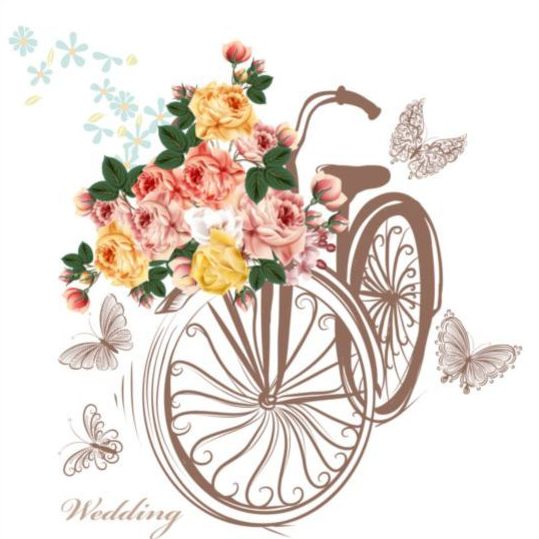 リアルなバラの美しい自転車結婚式のカードベクトル02  
