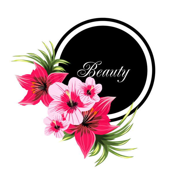 Beauty tropical flowers with black frame vector 01  
