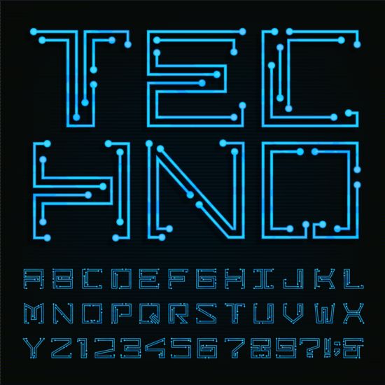 Blue neon number with alphabet vector  