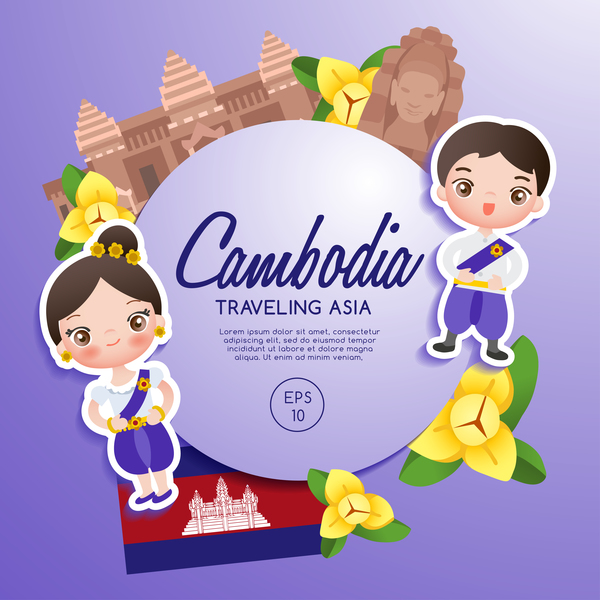 Cambodia travel cartoon template vector  