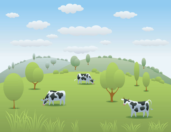 Cartoon dairy cow and natural landscapes vector  
