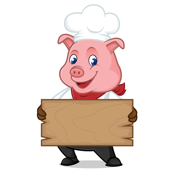 Chef pig cartoon with wooden plank vector 02  