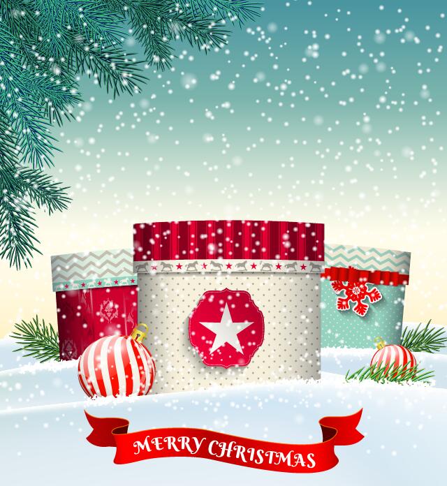 Chrishtmas gift box with winter snow background vector 04  