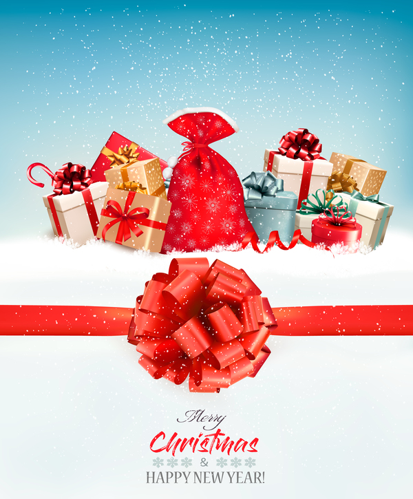 Weihnachtshintergrund mit bunten Geschenkboxen und rotem Geschenkbogenvektor  
