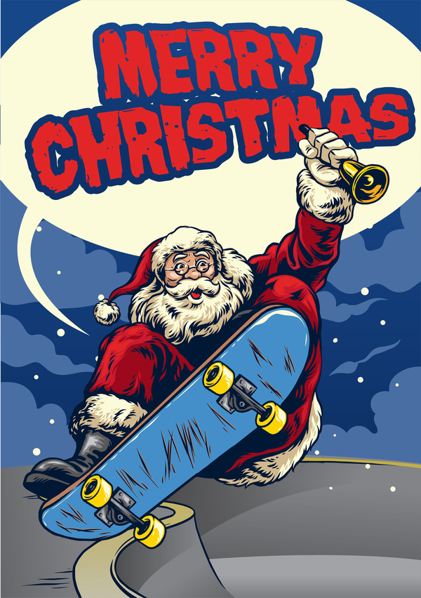 Weihnachtsgrußkarte mit Weihnachtsmann-Fahrskateboardvektor 04  