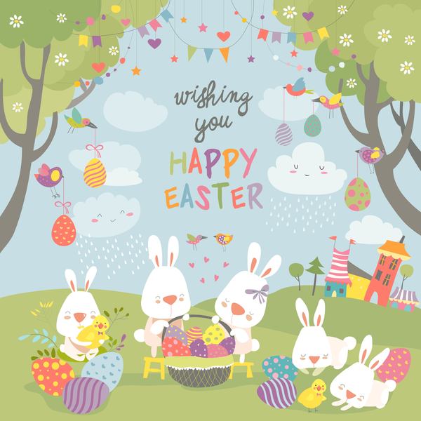 Cute cartoon rabbit with easter card  