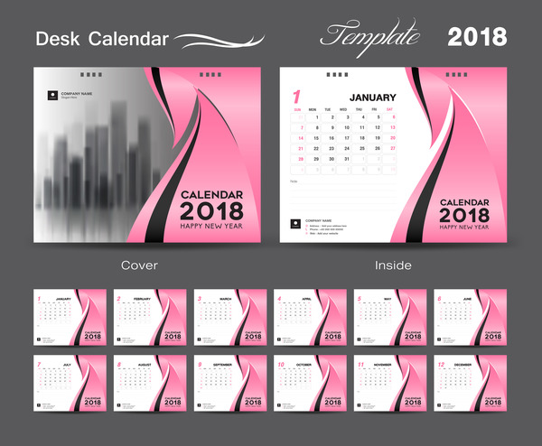 デスクカレンダー2018テンプレートデザインとピンクのカバーベクトル05  