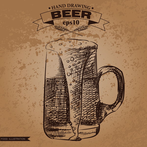 Grunge background et main dessinant des vecteurs de bière 02  
