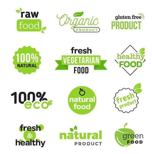 Logos d'aliments sains avec le vecteur de conception de badge  