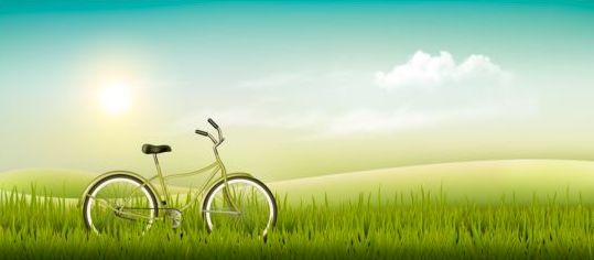 Nature summer background with green grass and bike vector 01  