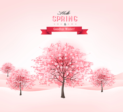 Pink tree with spring background vector 03  