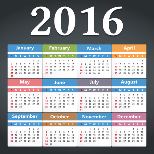 Simple 2016 calendars colored vector 01  