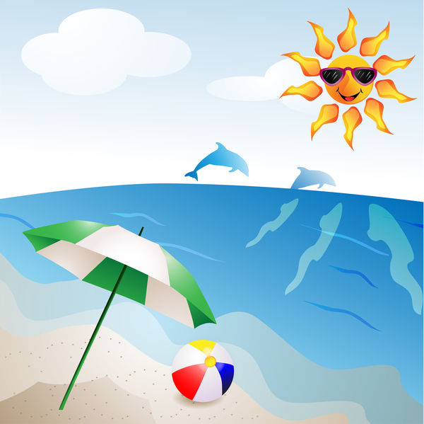 ビーチと漫画太陽ベクター 01 で夏旅行の背景  