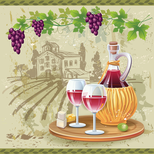 Wine cheese and grapes with farm vector 02  