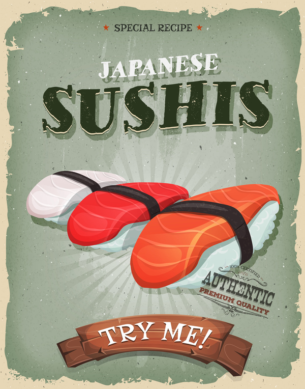 寿司のポスターとチラシレトロベクトル  