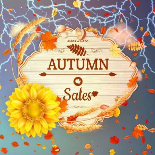 Herfst verkoop achtergrond met bliksem en zonnebloem vector 03  