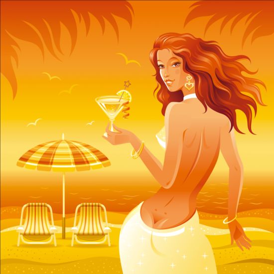 Красивая девушка с летним пляжем фон вектор 03  