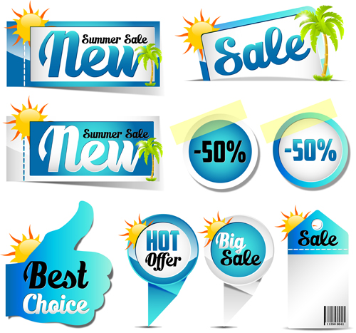 Blue summer sale labels design vector 01  