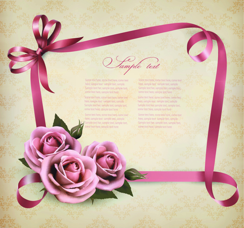 Ribbon with flower Greeting card vector 01  