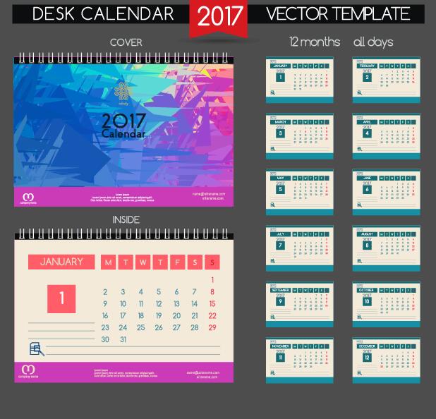 Skriv bord 2017 kalender omslag och insidan mall vektor 02  