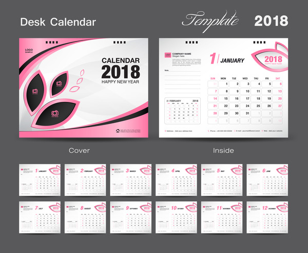 Tischplattenentwurf des Tischkalenders 2018 mit rosa Abdeckungsvektor 14  