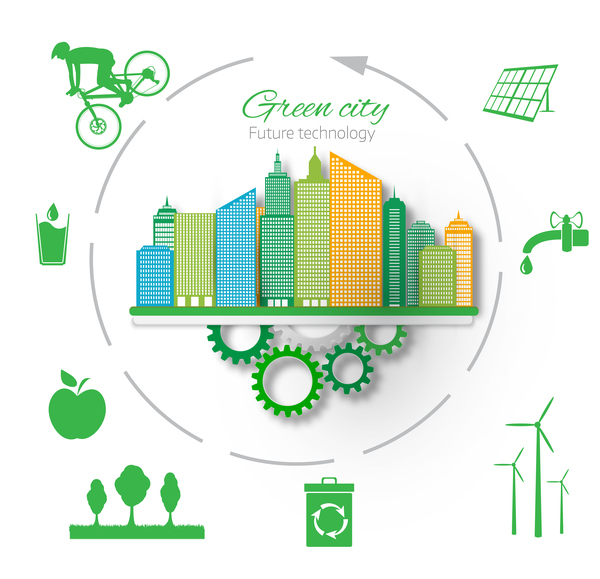 Future technology with green city vector  