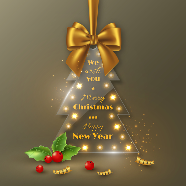 Glass christmas tree with golden bow vector 01  