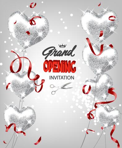 Grand poening invited card with heart balloon and ribbon vector 01  