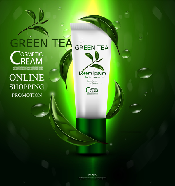 Kosmetischer Cremewerbungsplakatschablonenvektor 13 des grünen Tees  
