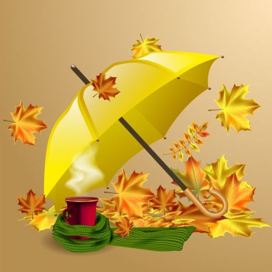 Varmt te med paraply höst bakgrund vektor  