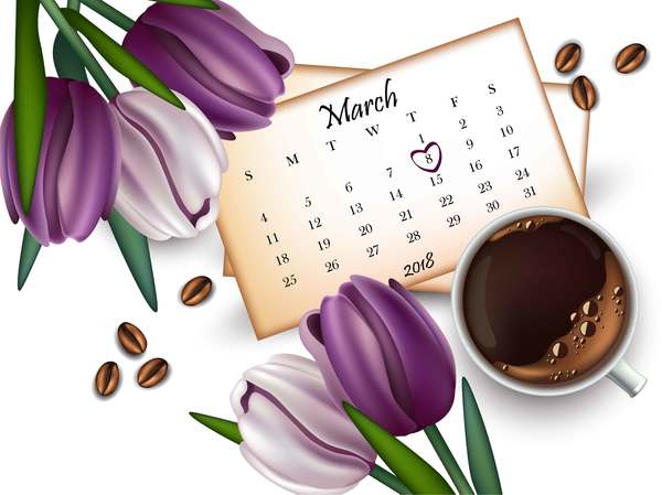 カレンダーとコーヒーベクトルと母の日の花  