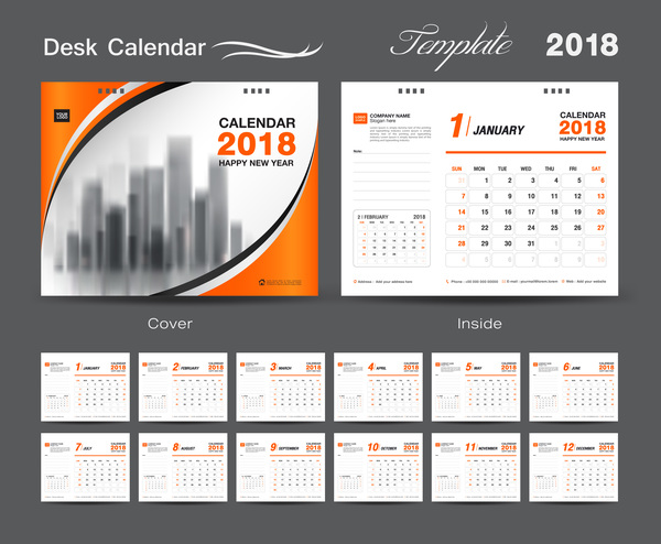 2018年のベクトルテンプレート06のためのオレンジカバーデスクカレンダー  