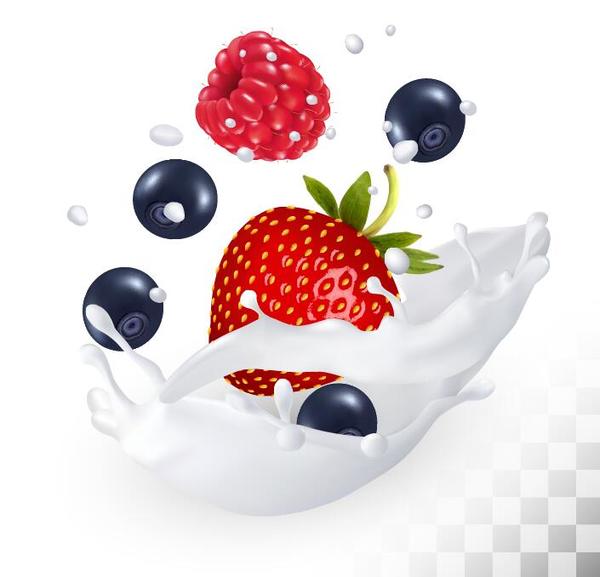 Framboise et myrtille avec fraise avec vecteur de lait splash  