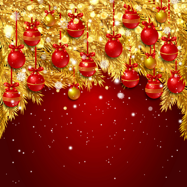 Red christmas background with golden pine needles vector 02  
