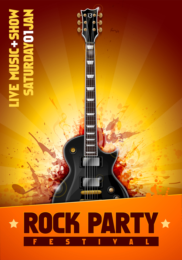 Rock festival party poster with guitar vector 06  