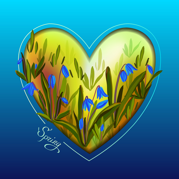 Fond bleu de printemps avec le vecteur de forme de coeur  