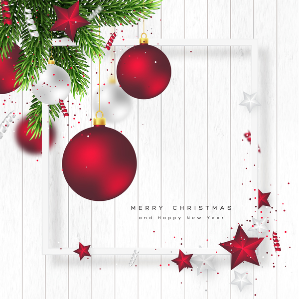 Weißer hölzerner Weihnachtshintergrund mit rotem Weihnachtsballvektor  