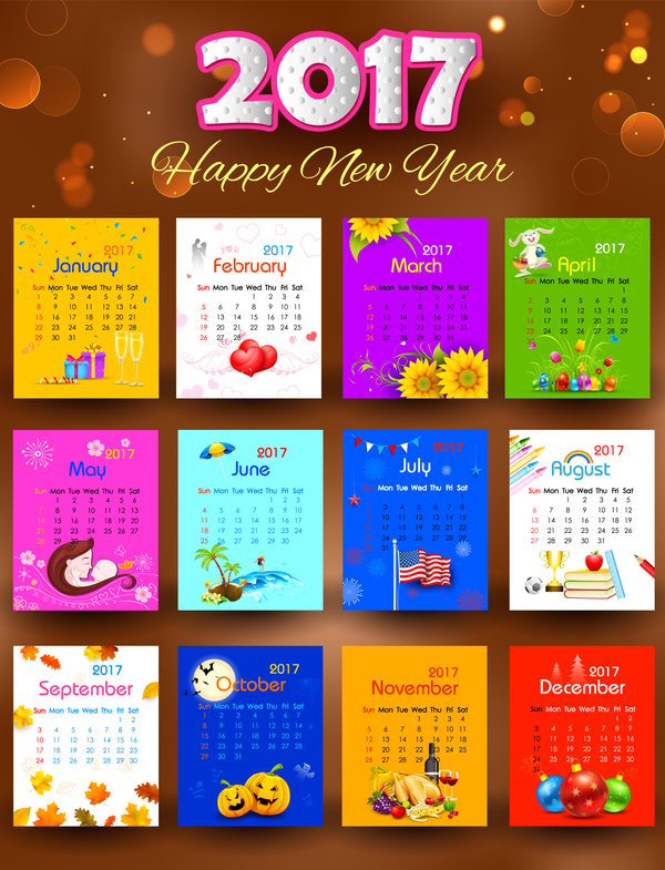 2017 Nieuwjaar kalender gekleurde vector  